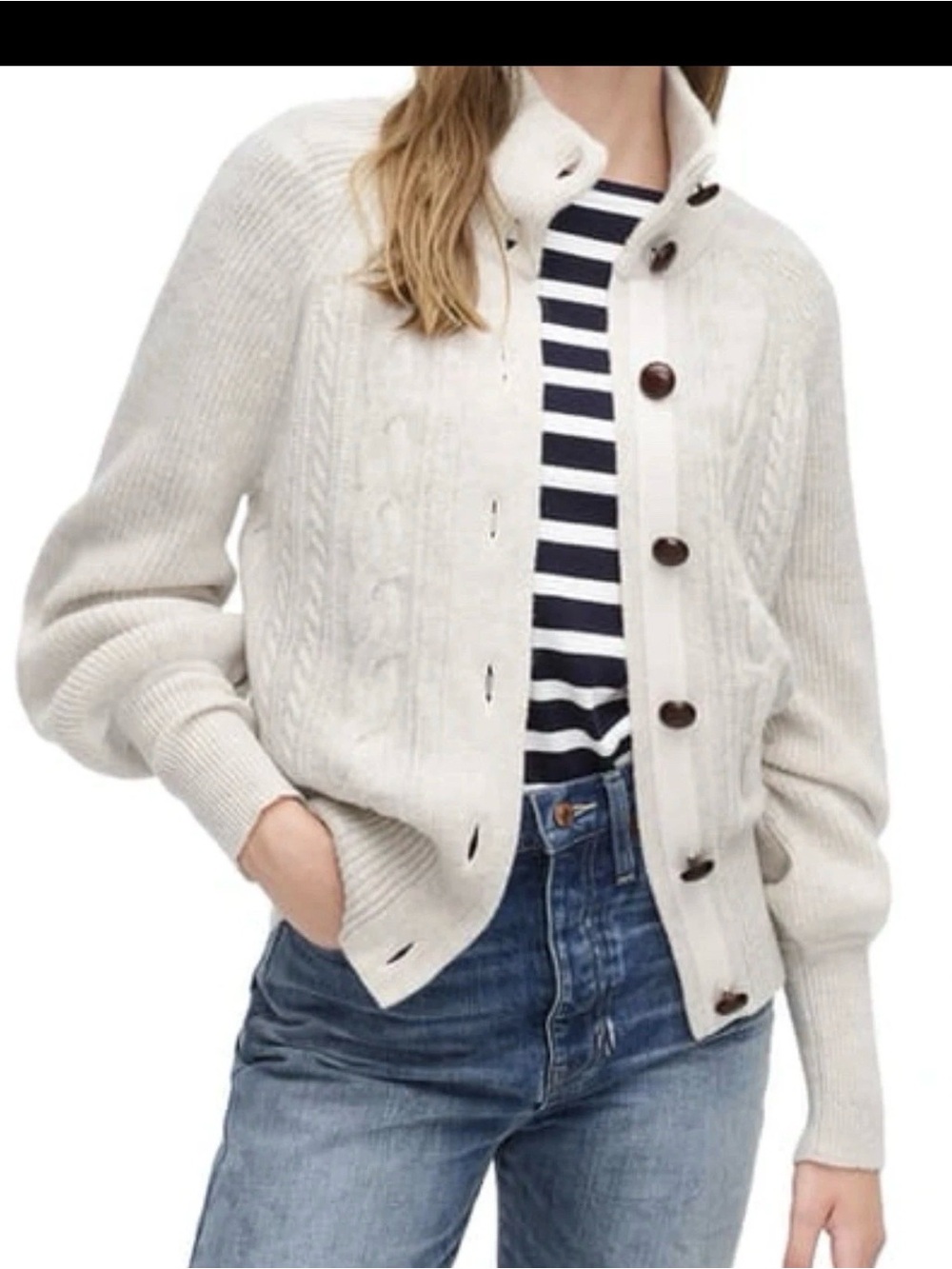 J Crew Balloon Sleeve Cable Knit Cardigan In Heather Oatmeal Beige XXS Lambswool